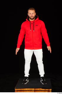Dave black sneakers dressed red hoodie standing white pants whole…